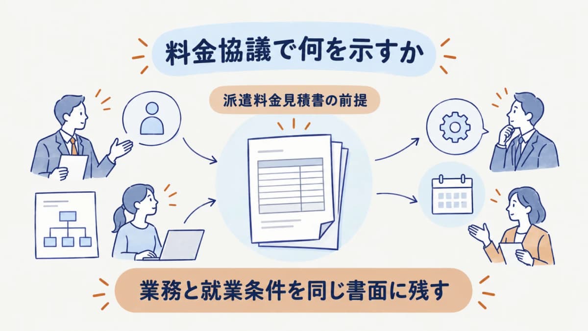 派遣料金見積書の提示条件と料金協議の経過を対応させた図