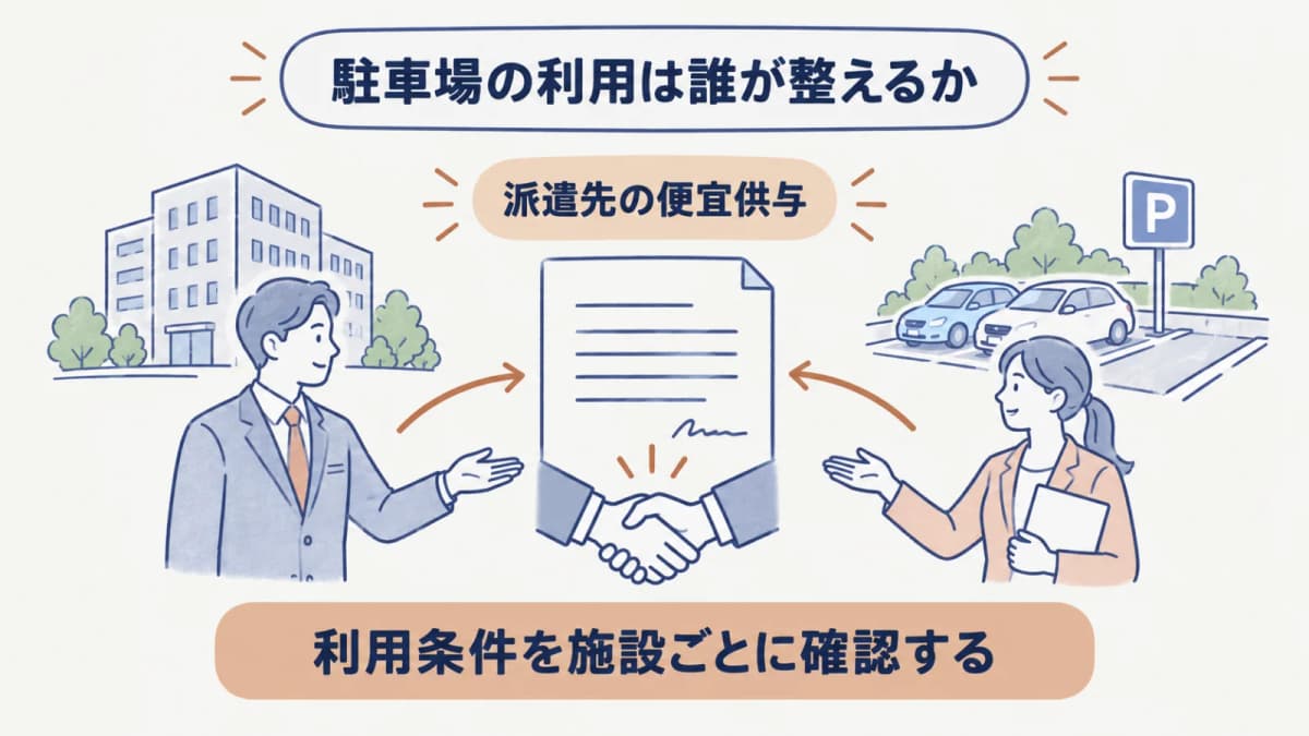 駐車場を含む施設の利用条件と派遣先の便宜供与を整理した図
