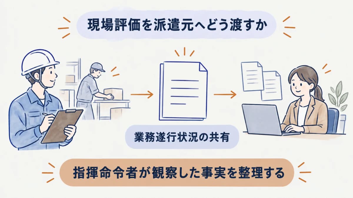 指揮命令者が観察した業務遂行状況を派遣元へ共有する図