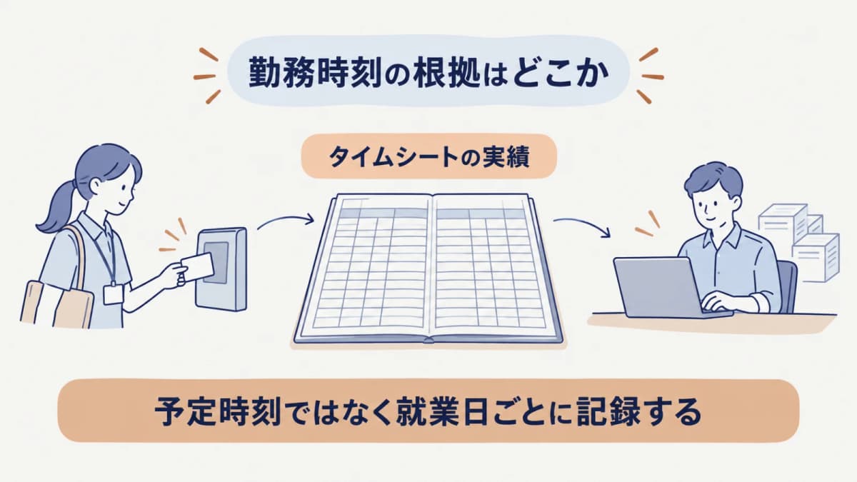 タイムシートと個別契約書から就業日・勤務時刻を台帳へ転記する図