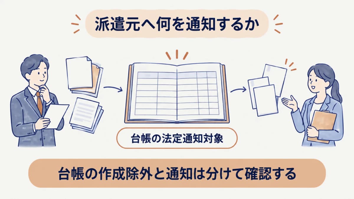 派遣先管理台帳の記載事項から派遣元通知の対象を取り出す図
