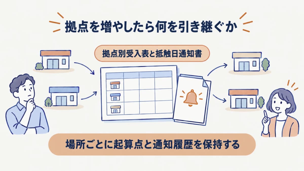 拠点別受入表で就業場所と抵触日通知書を照合する図